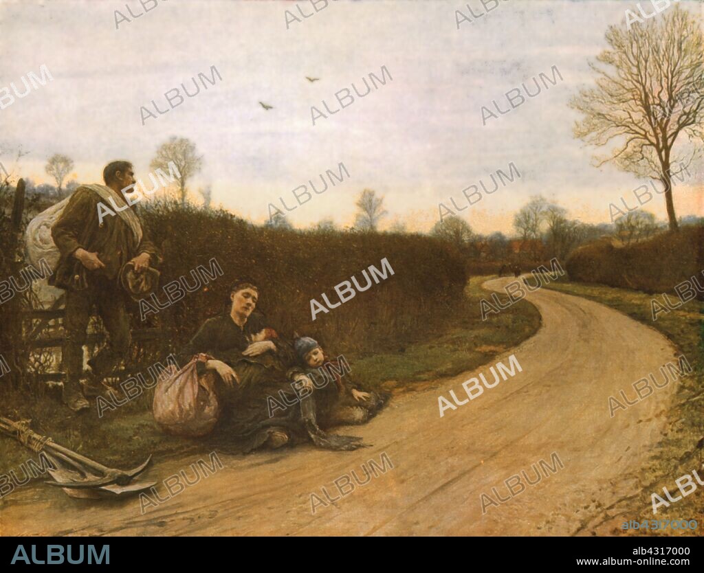 HUBERT VON HERKOMER. 'Hard Times', 1885, (c1930). A family rest by the side of the road. The father's tools, tied in a bundle, indicate that he is looking for manual labour. Painting in the Manchester Art Gallery, Manchester. From "Modern Masterpieces of British Art". [The Amalgamated Press Ltd., London, c1930].