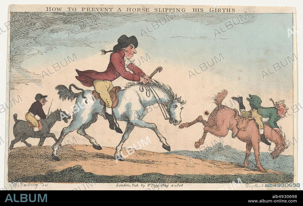 Thomas Rowlandson, How to Prevent a Horse From Slipping His Girths, Academy for Grown Horsemen, and Annals of Horsemanship, After Henry William Bunbury (British, Mildenhall, Suffolk 17501811 Keswick, Cumberland), May 4, 1808, Hand-colored etching, Sheet: 3 3/4 × 5 13/16 in. (9.5 × 14.7 cm), Prints.