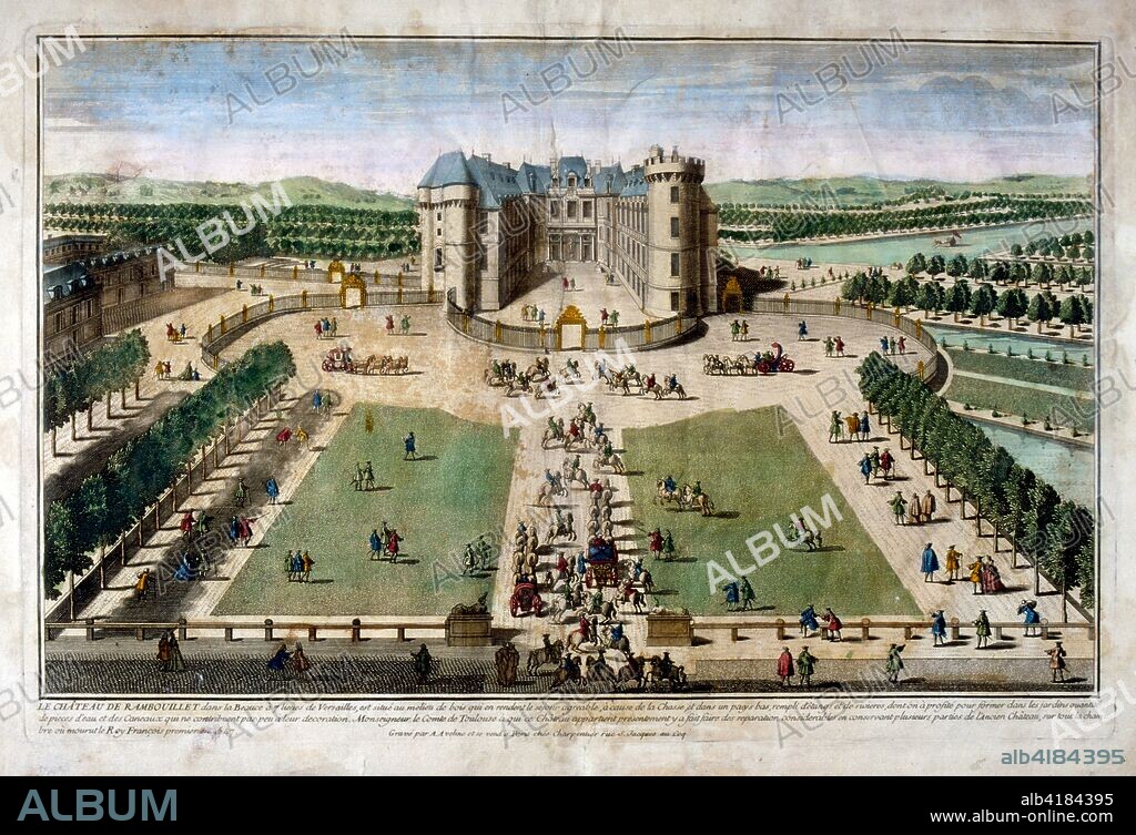 18th century engraved illustration of the Chateau de Rambouillet, in the town of Rambouillet, in northern France, was originally a fortified manor dating back to 1368. In 1783, the chateau became the private property of king Louis XVI. During the French Revolution, the domain of Rambouillet became bien national, the chateau being emptied of its furnishings and the gardens and surrounding park falling into neglect.