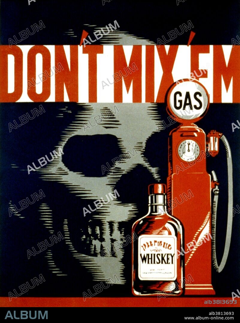 Entitled: "Don't mix 'em". Poster showing whiskey bottle, gas pump, and a skull. The Federal Art Project (FAP) was the visual arts arm of the Great Depression era New Deal Works Progress Administration Federal Project Number One program in the United States. Funded under the Emergency Relief Appropriation Act of 1935, it operated from August 29, 1935, until June 30, 1943. Reputed to have created more than 200,000 separate works, FAP artists created posters, murals and paintings. Some works still stand among the most-significant pieces of public art in the country. The FAP's primary goals were to employ out-of-work artists and to provide art for non-federal government buildings. The program made no distinction between representational and nonrepresentational art. As a result, the program supported such iconic artists as Jackson Pollock before their work could earn them income. Created by Robert Lachenmann, dated March 27, 1937.