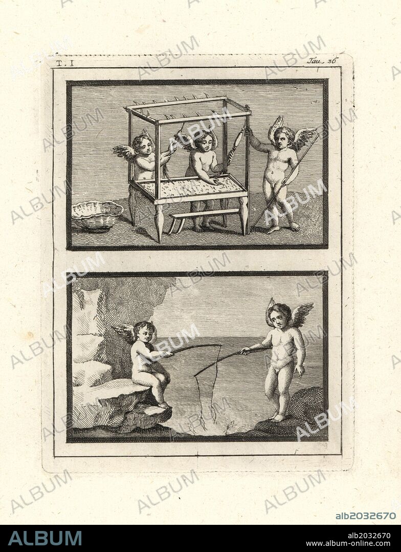 Vignettes of Cupids playing and working. Above, according to Visconti, this curious image shows three cupids making Vittae, small scalloped ribbons to decorate temples, victims and religious objects. Below, two genii enjoy fishing with rods. Copperplate engraved by Tommaso Piroli from his own "Antichita di Ercolano" (Antiquities of Herculaneum), Rome, 1789. Italian artist and engraver Piroli (1752-1824) published six volumes between 1789 and 1807 documenting the murals and bronzes found in Heraculaneum and Pompeii.