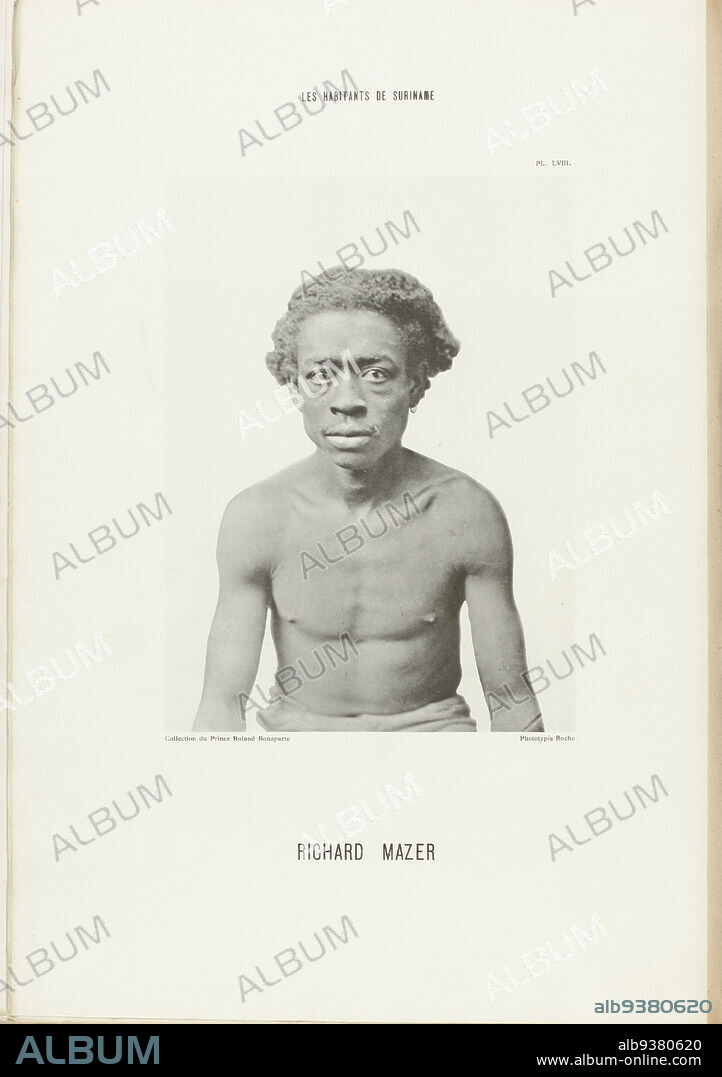 Portrait of Richard Mazer, Portrait of Richard Mazer, a Surinamese man of African and European origin, photographed at the International Colonial and Export Trade Exhibition, Amsterdam 1883., Friedrich Carel Hisgen (mentioned on object), Roche (mentioned on object), Amsterdam, 1883 - 1884, paper, collotype, height 236 mm × width 175 mm.