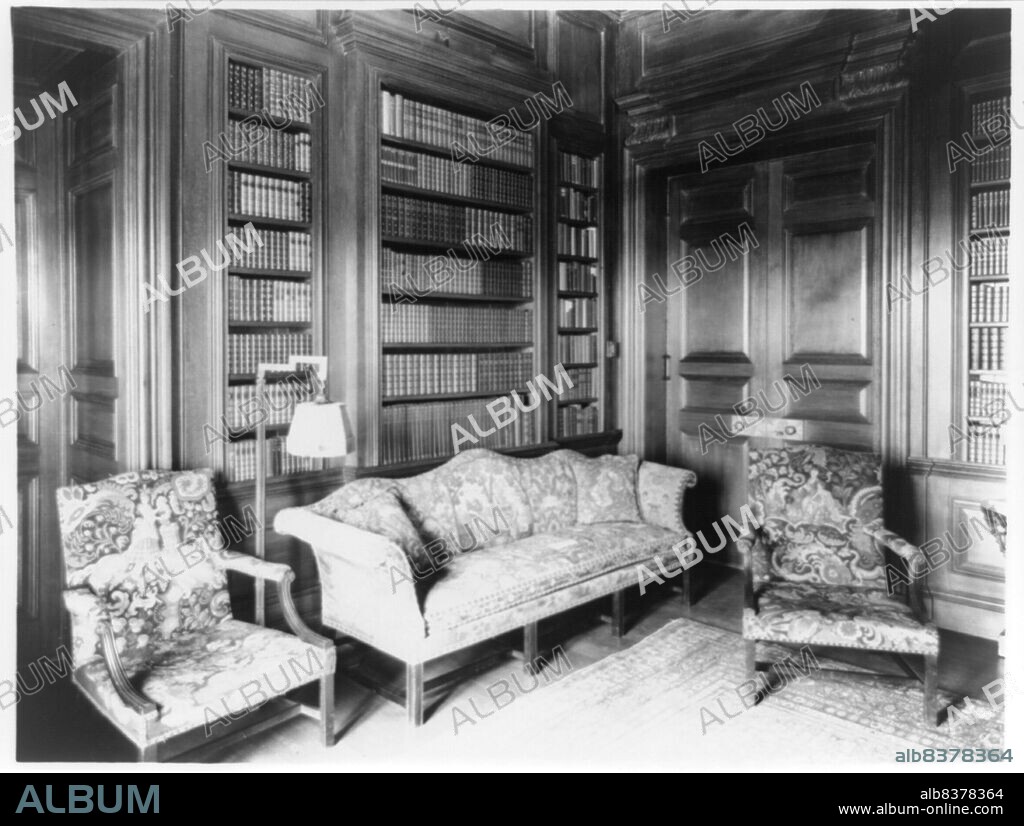 FRANCES BENJAMIN JOHNSTON. Library in Mrs. Hamilton Rice home, Newport, Rhode Island, 1917. The Miramar neoclassical mansion was designed by Horace Trumbauer for George Widener and Eleanor Elkins Widener. George and his son Harry died aboard the RMS Titanic in 1912. Eleanor married again and Miramar was used as a summer residence by her and her second husband geographer and explorer Alexander H. Rice Jr.