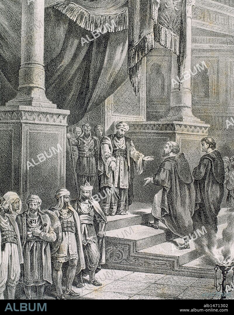 ABDERRAMAN III (889-Córdoba, 961). Emir (912-929) y Califa (929-961) de Al-Andalus. "ABDERRAMAN RECIBE AL EMBAJADOR DE OTON I". Grabado del s. XIX.