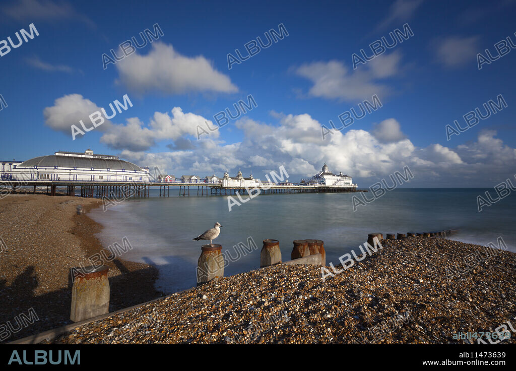 Pebble beach and pier, Eastbourne, East Sussex, England.