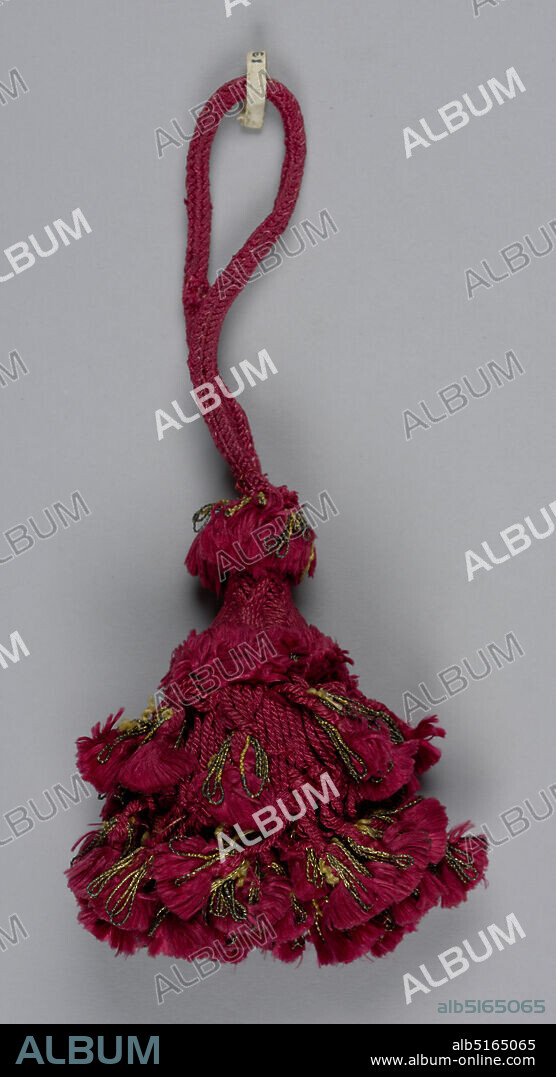 Tassel, Medium: silk, metal thread, wooden core, Skirt of red silk threads, knotted and twisted and ornamented with two rows of tassels of red silk and gilt thread. Head covered with red silk in chevron pattern. Loop of red silk cord., Italy or Spain, late 17th century, trimmings, Tassel.