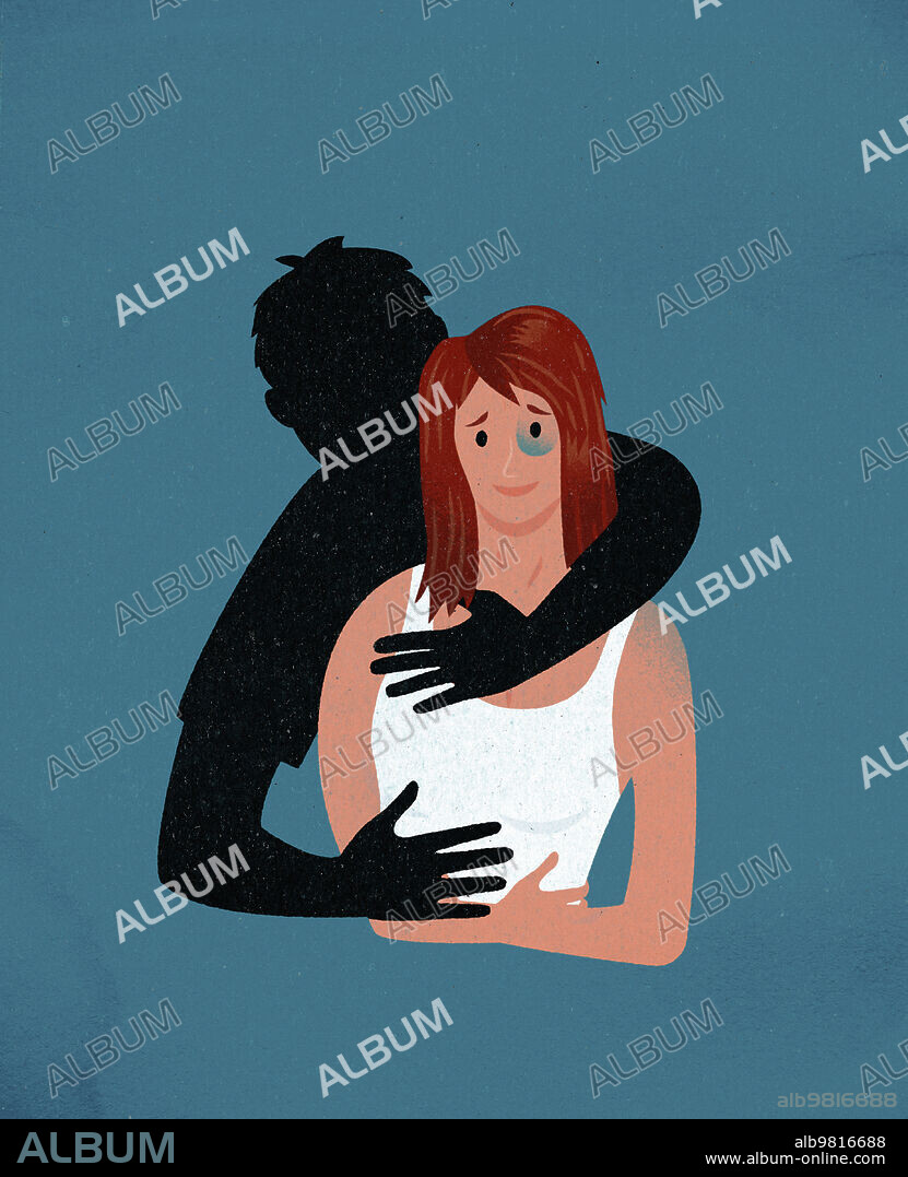 Shadow of man with arms around abused woman.