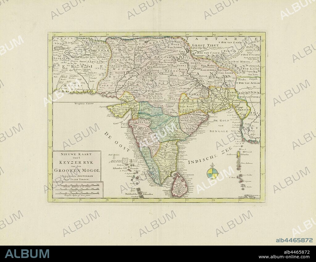 Map of India, New map of 't Keyzerryk van den Grooten Mogol (title on object), different areas colored differently, bottom right compass rose, bottom left under inscription the scale in German, English and French miles (1: 12.5 million), maps of separate countries or regions, India, Sri Lanka, Jacob Keyser (mentioned on object), Amsterdam, 1730 and/or 1744, paper, engraving, h 284 mm × w 364 mm.