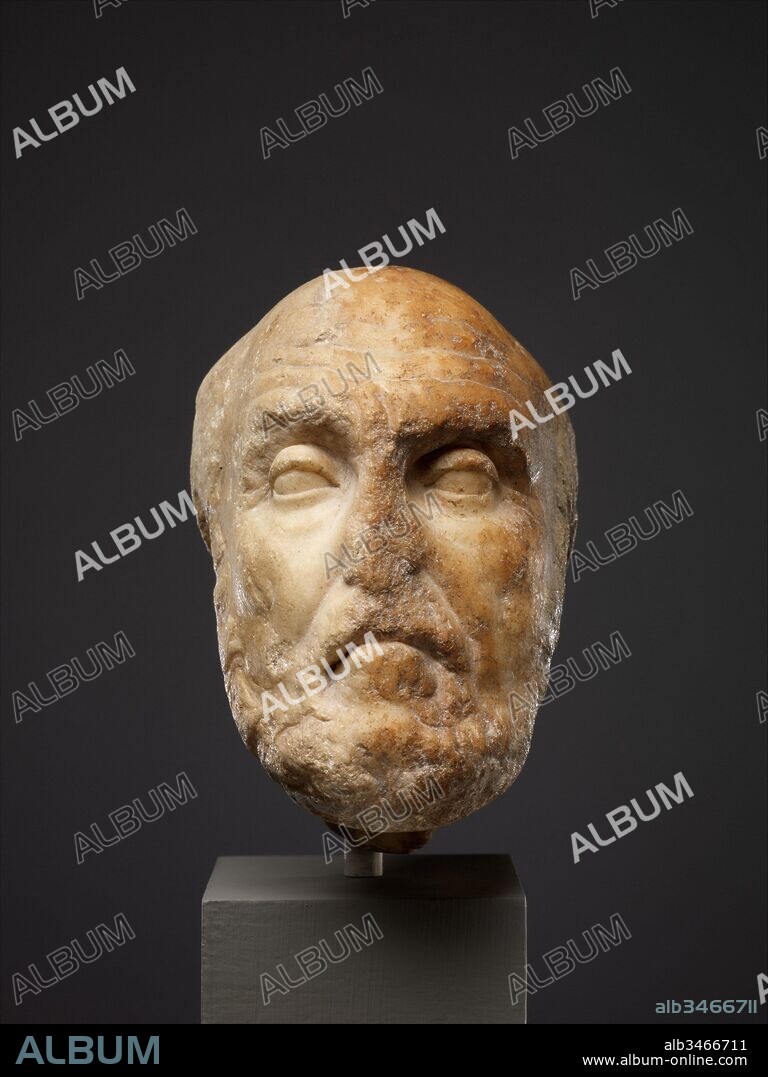 Marble portrait head of the philosopher Chrysippos, Early Imperial, 1st century A.D., Roman, Marble, 5 1/2 in. (14 cm), Stone Sculpture, Copy of a Greek statue of the late 3rd century B.C., probably by Euboulides. Chrysippos was one of the most important Stoic philosophers of the third century B.C. His writings helped establish Stoicism as a major philosophical movement.