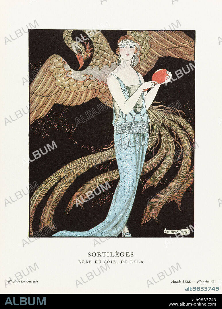 EDITORIAL Le Belvédère. The Belvedere. Robe-manteau, de Worth. Dress-coat by Worth. Art-deco fashion illustration by French artist George Barbier, 1882-1932. The work was created for the Gazette du Bon Ton, a Parisian fashion magazine published between 1912-1915 and 1919-1925.