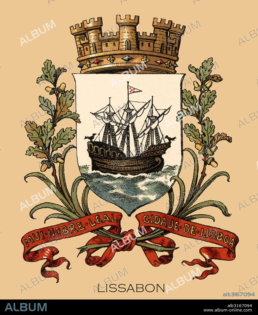 Europa. Escudo heráldico de la ciudad de Lisboa, Portugal. Grabado de 1870.