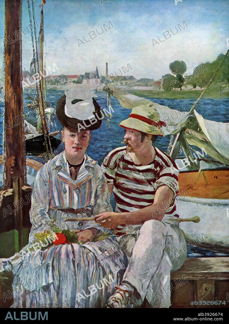 'Argenteuil', 1874. Rudolph Leenhoff, Manet's brother-in-law, with an unknown female. Found in the collection of the Musee des Beaux-Arts, Tournai, Belgium. Plate taken from Manet, text by Hermann Jedding, published by The Hyperion Press (Milan).