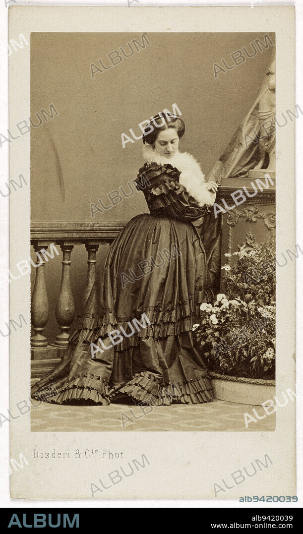 Portrait of Mathilde Satiot (or Satio) de Sary, known as Antonia, actress, Disderi & Cie, Photographer, Between 1860 and 1890, 2nd half of the 19th century, Photography, Graphic arts, Photography, Albumen paper print, Dimensions - Work: Height: 8.5 cm, Width: 5.2 cm, Dimensions: Height: 10.5 cm, Width: 6.1 cm.