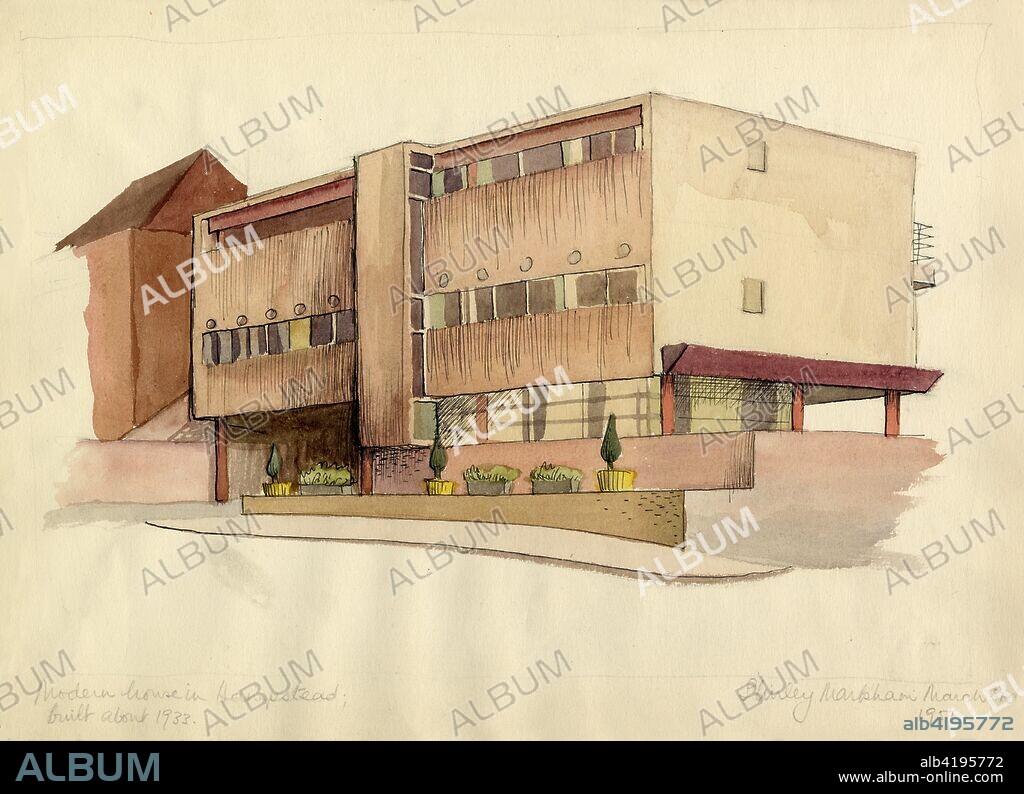 'Modern house in Hampstead', (1951). Modernist house at 66 Frognal, Hampstead, London, designed by Colin Lucas of Connell, Ward and Lucas, and built in 1938. Shirley Markham (1931-1999) studied Graphic Design and Illustration at Central School of Art in London from 1950-1952. The writer, artist, poet, and illustrator Mervyn Peake (1911-1968) was one of her tutors, and her style of drawing was also influenced by other British illustrators such as Edward Ardizzone, Quentin Blake and Edward Bawden. Markham spent time in the Dolomite Mountains in Italy, and also visited Rome, sketching classical buildings. After graduating from Central, she worked as a graphic designer, producing book illustrations, cartoons for comics, menus and programmes. She gave up her promising career however when she got married in 1957. Middle-class women at that time were expected to devote their energies to bringing up children and running the home, and despite her obvious talent, she lacked the confidence to return to illustration. Her portfolio remained in the family attic for many years, but now her work is published here for the first time.
