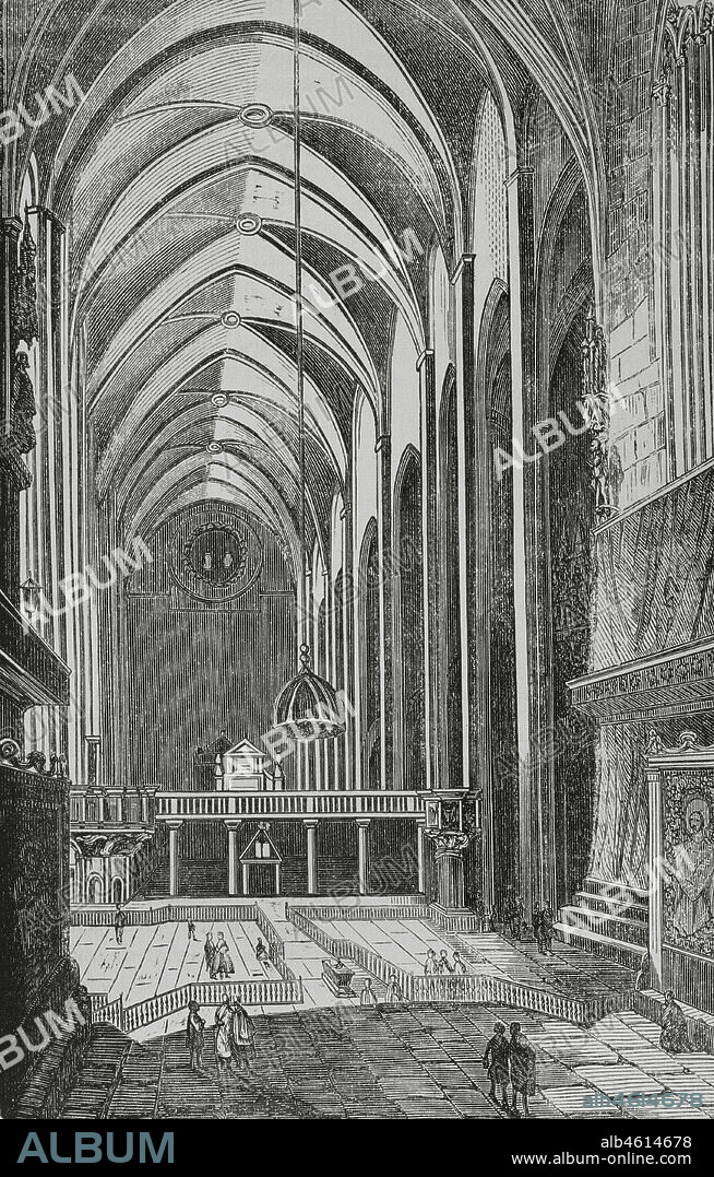 Palma, Mallorca, Balearic Islands, Spain. Cathedral. Interior view. Engraving. Crónica General de España, Historia Ilustrada y Descriptiva de sus Provincias (General Chronicle of Spain, Illustrated and Descriptive History of its Provinces), Balearics, 1871.