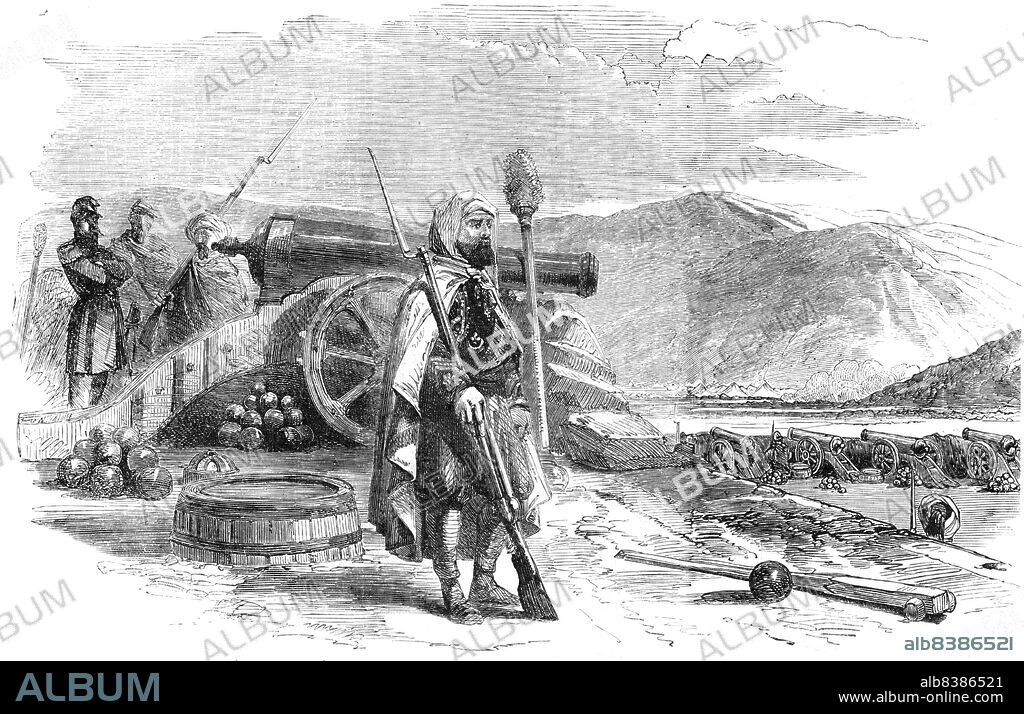 Spahi (Algerian Troops), French Battery on the Heights of Balaclava - from a sketch by Lieutenant Montagu O'Reilly, 1854. Crimean War. 'The Spahis of whom we read in Turkish history were a body of cavalry organised by Amurath I., who was also the founder of the Janissaries. At one time they were the most formidable body of soldiers in the service of the Sultan; but their want of discipline (which seems to have been quite as bad as that of the Bashi-bozouks) gave rise to many complaints against them, and they were ultimately disbanded by the last Sultan Mahmoud. The Spahis [shown here] are Algerian troops in the French service, by whom they have been found most valuable auxiliaries. They wear their native costume; and their vigilance, and power of enduring fatigue, as well as their training to warfare in a hill country, render them peculiarly well fitted for the Crimean campaign'. From "Illustrated London News", 1854.