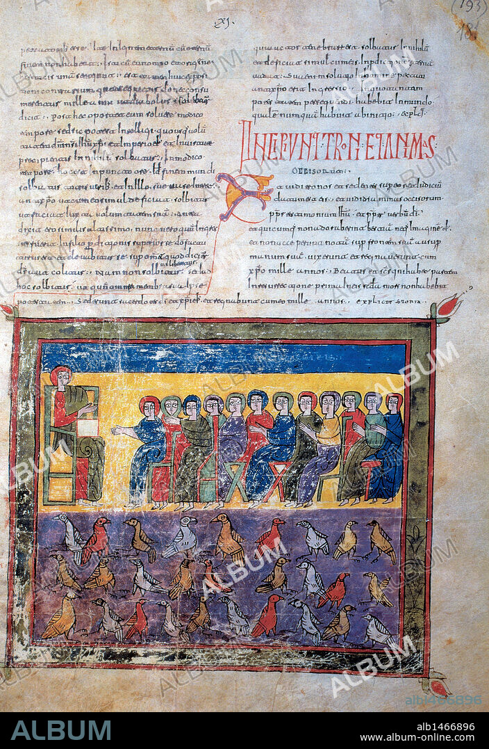 ARTE PRERROMANICO. ESPAÑA. S. X. BEATO DE LA SEU D'URGELL. Códice miniado sobre los comentarios que el BEATO DE LIEBANA (? -798) realizó en el s. VIII al Apocalipsis de San Juan. Escrito en letra visigótica redonda hacia el 975. "EL SOLIO DE LOS JUSTOS Y LAS ALMAS DE LOS MARTIRES". Museo Diocesano de la Seu d'Urgell. Comarca de l'Alt Urgell. Provincia de Lleida. Cataluña.