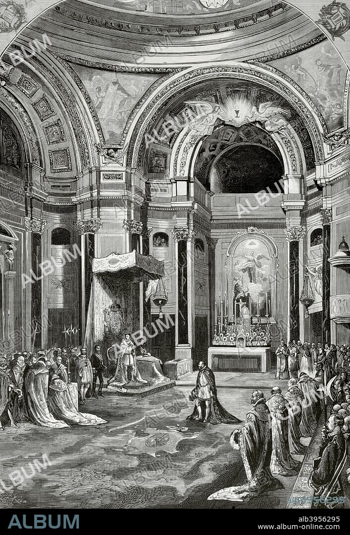 España. Madrid. Capítulo celebrado por los Caballeros de la Real Orden de Carlos III, bajo la presidencia de S. M. el rey Alfonso XII (1857-1885) en la capilla del Palacio Real, en la mañana del 7 de diciembre de 1876. Imposición del collar de la orden a uno de sus Caballeros. Dibujo por Juan Comba. Grabado por Bernardo Rico. La Ilustración Española y Americana, 22 de diciembre de 1876. Biblioteca Histórico Militar de Barcelona. Cataluña, España.