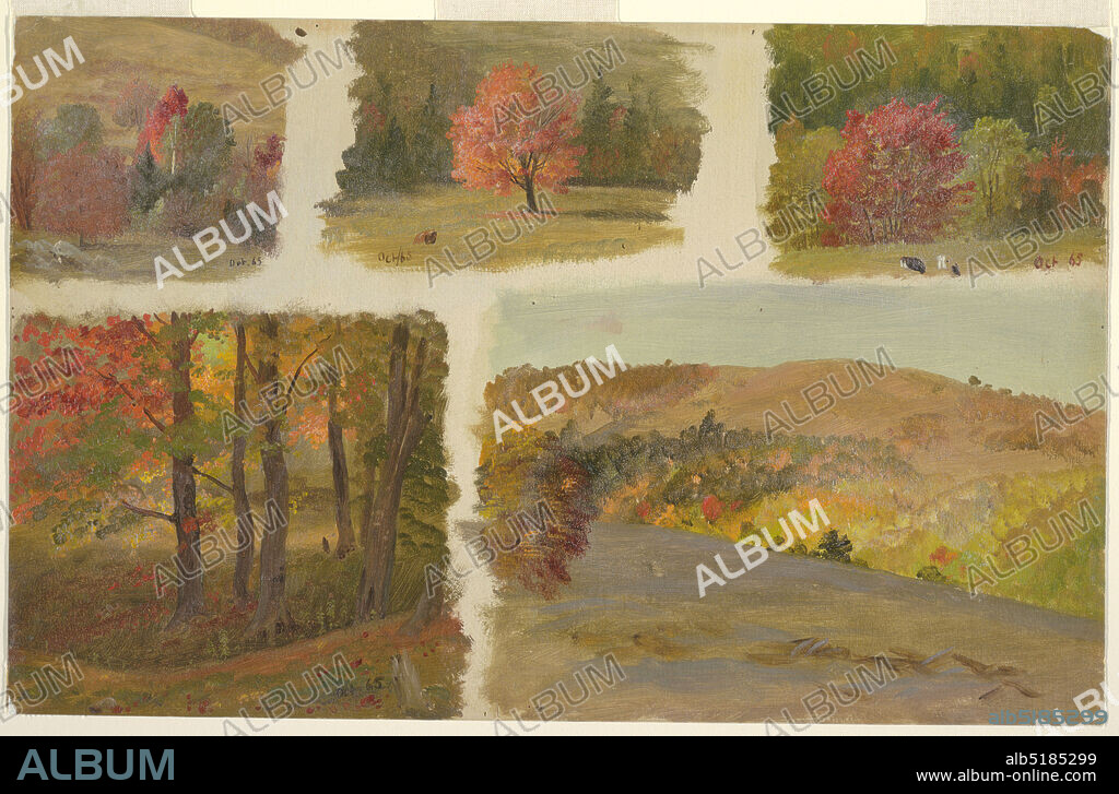 Five Studies of Autumn Landscape, Possibly Vermont, Frederic Edwin Church, American, 18261900, Brush and oil paint, graphite on paperboard, Five separate studies float on creamy ground. Upper row center: a tree with red leaves stands in center of meadow with two grazing cows at lower left and green trees in background. The lateral right study shows group of trees with cows grazing lower right; left study,a group of trees. On lower half of sheet, at left, a group of trees in autumn color; at right, a hill sloping down to right behind which is a valley and a hill rising up in rear., USA, October 1865, landscapes, Drawing, Drawing.