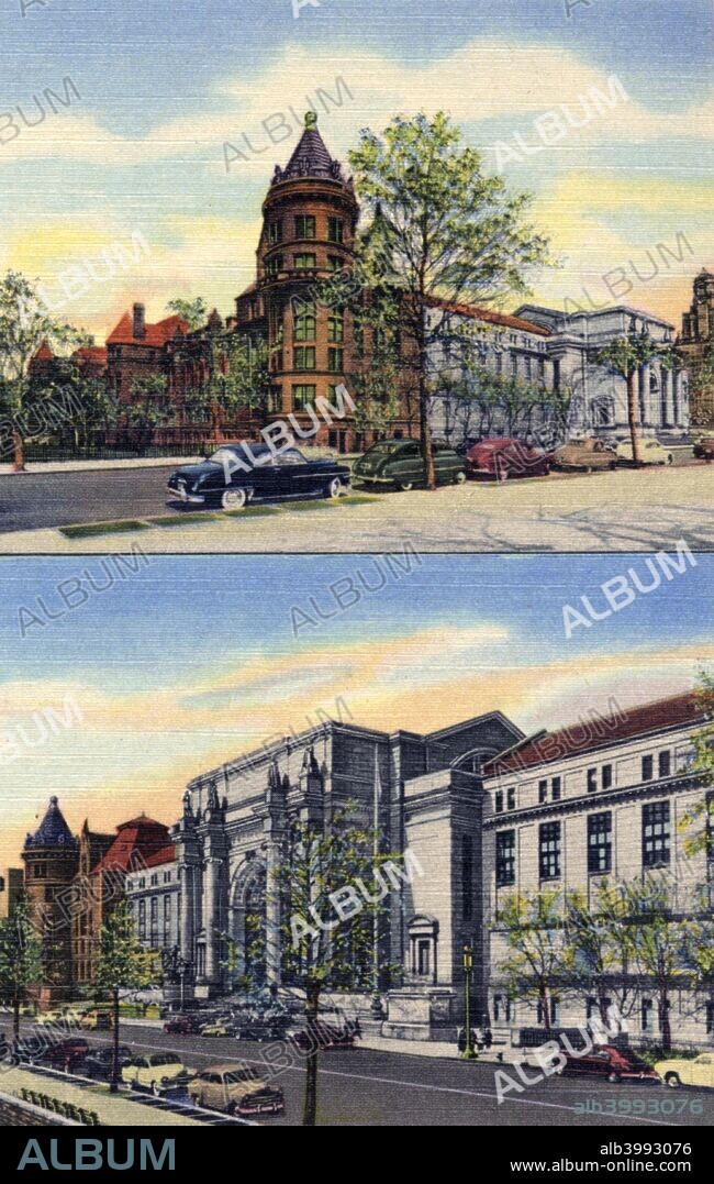 American Museum of Natural History, New York City, New York, USA, 1951. Vintage linen postcard showing two views of the American Museum of Natural History located at 77th Street and Central Park West. The museum was founded in 1869, with the buildings constructed between 1874 and 1936.
