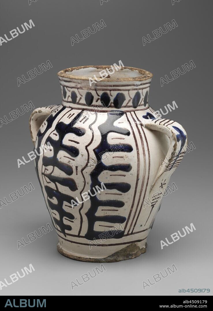 workshop of Giunta di Tugio, Italian, active 1419-1450, Two-Handled Pharmacy Jar, ca. 1430, Tin-glazed earthenware with relief-blue (zaffera a rilievo) and enamel decoration, Overall: 8 3/8 × 7 3/4 × 6 1/2 inches (21.3 × 19.7 × 16.5 cm).