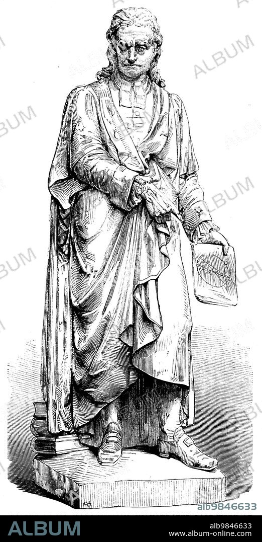 Statue of Sir Isaac Newton, inaugurated last week at Grantham, 1858. 'The statue of the great mathematician and astronomer, from the hand of W. Theed, Esq., may be pronounced a masterpiece of portrait sculpture, and, admirably cast in light-coloured bronze by Messrs. Robinson and Cottam, is in every respect worthy of the subject and of the arts of the country. Mr. Theed in this work shows the fruit of a long study of the classic models at Rome...The figure, which is twelve feet high, is represented draped in the gown of a master of arts, and as in the act of lecturing to a class. He points with his right hand to a scroll which he holds in his left, upon which is traced the diagram of one of his celebrated problems in the "Principia," that, we believe, upon gravitation. The attitude is full of dignity and intelligence; and the drapery, falling in broad masses, broken sharp folds, is free from heaviness, and with sufficient accuracy indicates the material - silk - supposed to be represented. The likeness appears to be a good one...In modelling the face the sculptor was assisted by the well-known mask taken after death...About two tons of bronze have been employed in it, one half of which was presented in the shape of old cannon by her Majesty'. From "Illustrated London News", 1858.