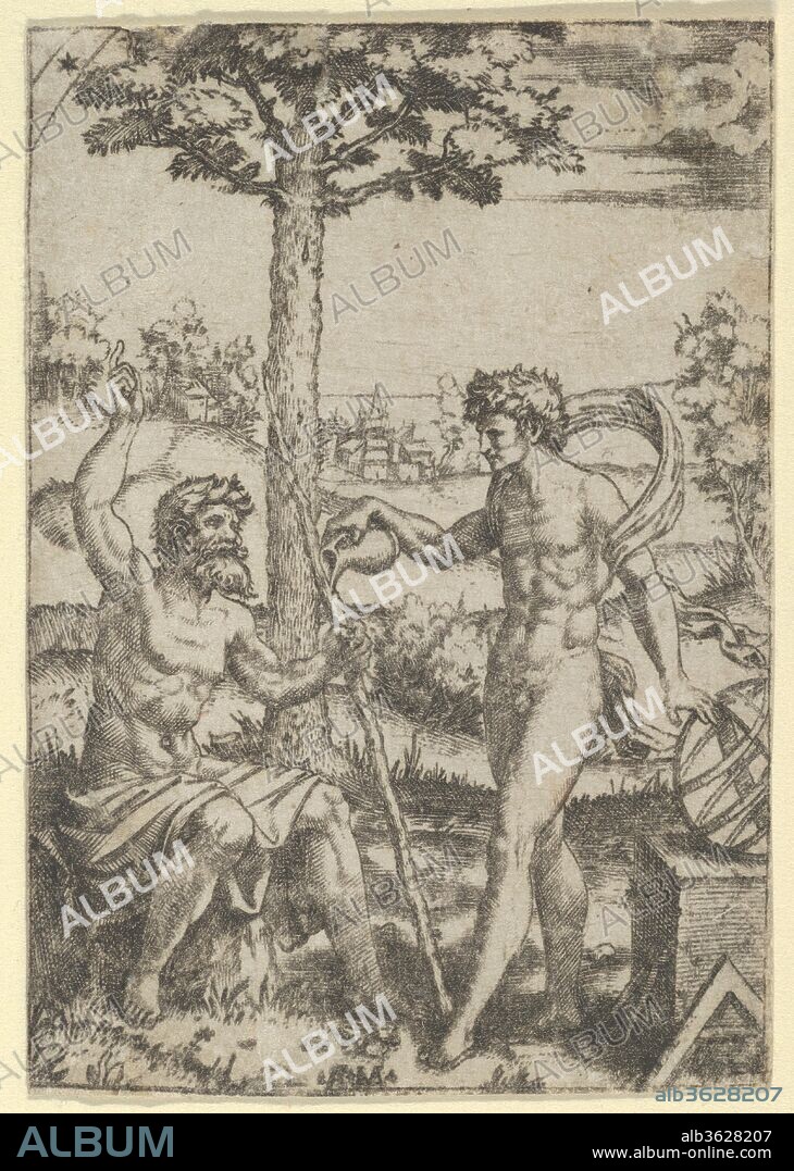 Seated old shepard gesturing towards the sky and speaking to nude male surrounded by tools of measurement. Artist: Marcantonio Raimondi (Italian, Argini (?) ca. 1480-before 1534 Bologna (?)); After Raphael (Raffaello Sanzio or Santi) (Italian, Urbino 1483-1520 Rome). Dimensions: Sheet: 2 15/16 × 1 15/16 in. (7.5 × 5 cm). Date: ca. 1500-1534.