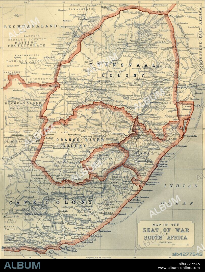 JOHN BARTHOLOMEW. 'Map of the Seat of War in South Africa', 1901. Map showing Bechuanaland, Transvaal Colony, Orange River Colony, Natal, Basutoland and Cape Colony, the theatre of war during the Boer Wars (1880-1902), fought between the British and the Boers. From "The Life and Deeds of Earl Roberts, Vol. IV. - To Lord Roberts's Reign in Pall Mall", by J. Maclaren Cobban. [T. C. & E. C. Jack, Edinburgh, 1901].