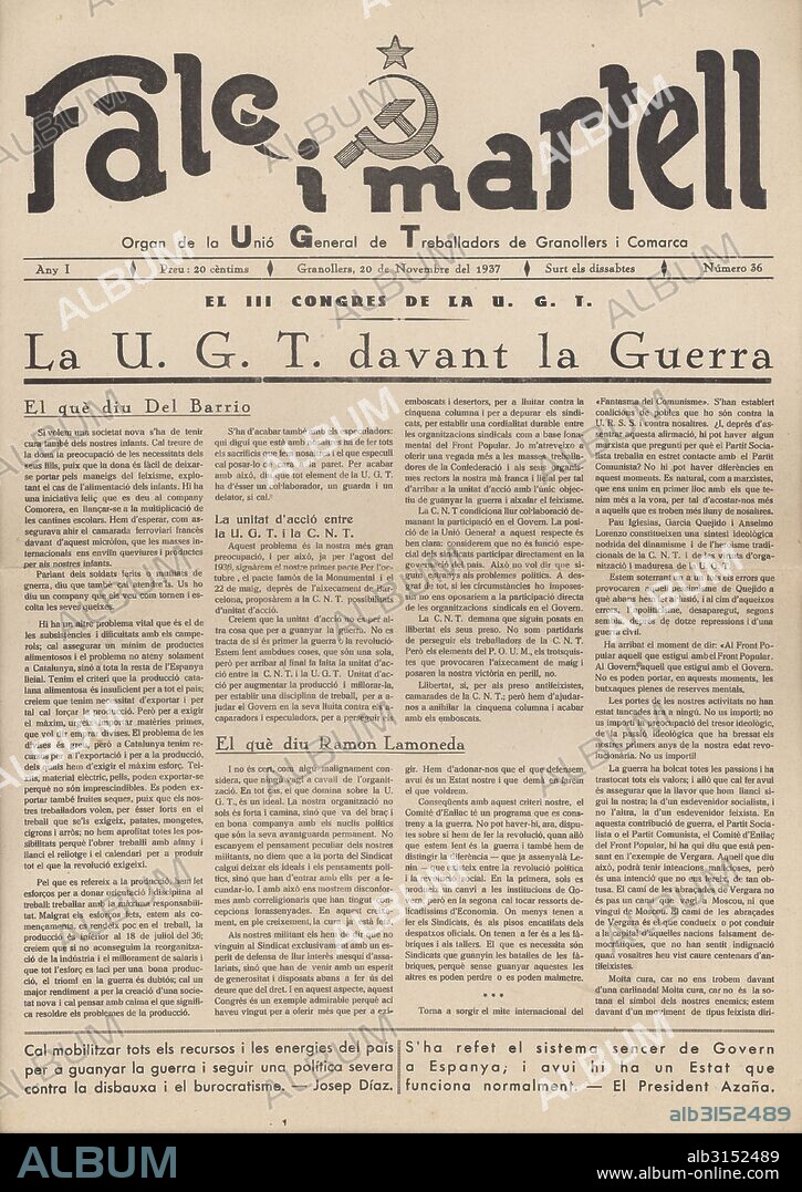 Portada del periódico Falç i Martell, órgano de la Unión General de Trabajadores UGT, editado en Granollers, noviembre de 1937. Guerra civil española.