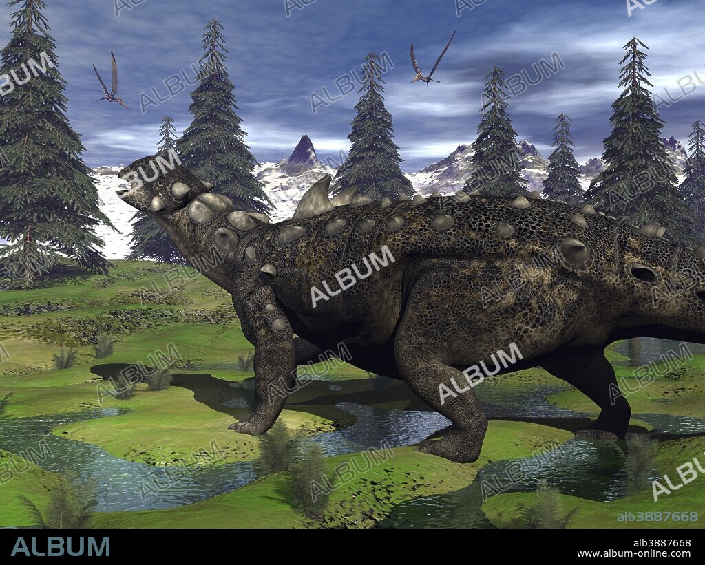 Euoplocephalus dinosaur walking in the mountain amongst fir trees and onychyopsis plants.