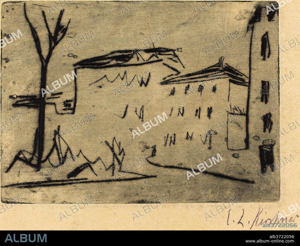ERNST LUDWIG KIRCHNER. Street Corner in Dresden (Strassenecke Dresden). Dated: 1909. Dimensions: plate: 9.8 x 13.6 cm (3 7/8 x 5 3/8 in.)  sheet: 18 x 22 cm (7 1/16 x 8 11/16 in.). Medium: drypoint on blotting paper.