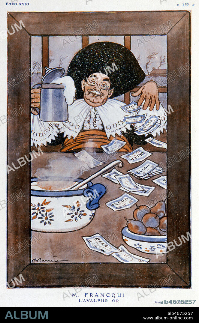 Emile FRANCQUI ( 1863-1935) L'avaleur or. Caricature par Adrien BARRERE (1877-1931) pour Fantasio de 1926. Credit Collection Kharbine Tapabor.