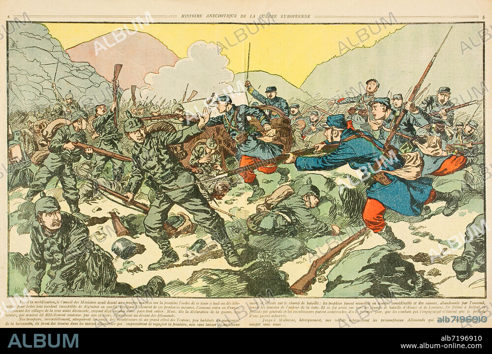 CRETELLE (ZEICHNER). Erster Weltkrieg 1914-1918 / Frankreich / Kämpfe um Mülhausen/Mulhouse im Elsass (seit 1871 Teil des Reichslandes Elsaß-Lothringen; am 8. August von den Franzosen besetzt, am 9./10. August von den Deutschen zurückerobert; am 19. August von den Franzosen erneut besetzt und am 25. August wieder geräumt). - "Jusqu'á Mulhouse, héroïquement, nos soldats repoussèrent les présomtueux Allemands (...)". - Farbdruck nach Zeichnung von Crétélle(?). Aus: L'Illustré National, Histoire anecdotique de la guerre européenne, Paris (Jules Tallandier) o. J. (1914), Nr. 1, S. 4/5. Privatsammlung.