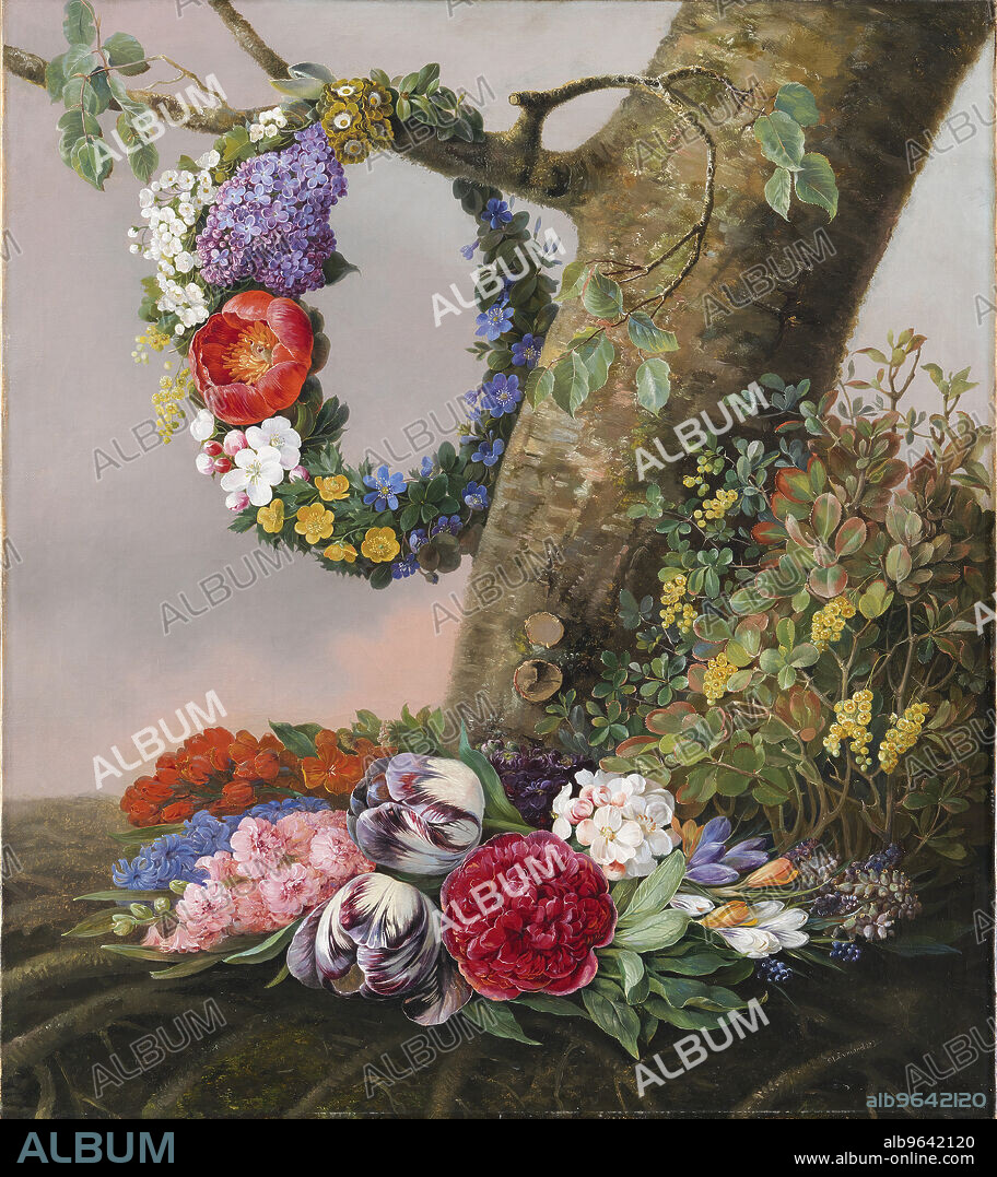 CHRISTINE LOVMAND. A bouquet of flowers at the foot of a tree; A wreath hangs on a branch, 1832.