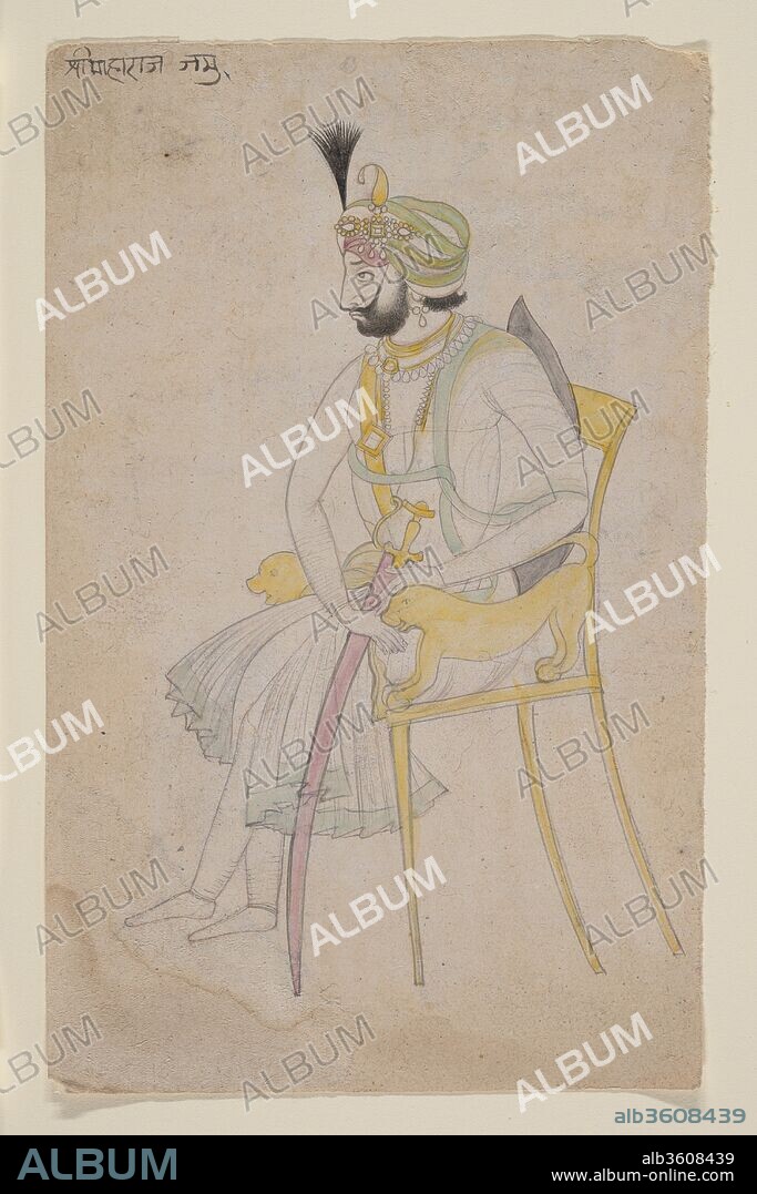Maharaja Ranbir Singh. Culture: India (Jammu). Dimensions: Image (sight): 8 x 5 in. (20.3 x 12.7 cm). Date: ca. 1860-80.
This is likely a portrait of Ranbir Singh, an attribution supported by the inscription at the upper left identifying the subject as "Maharaja of Jammu." Great attention has been paid to his facial features, his striking upturned moustache, and his jeweled turban in contrast to the rather formulaic treatment of his body and the throne.