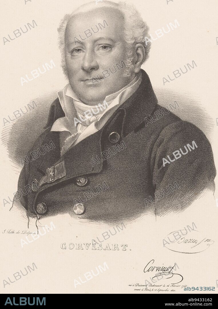 Portrait of the physician Jean-Nicolas Corvisart, Charles Louis Bazin, after François Gérard, 1832, print maker: Charles Louis Bazin, (mentioned on object), after: François Gérard, printer: veuve Delpech (Naudet), (mentioned on object), Paris, 1832, paper, h 486 mm.