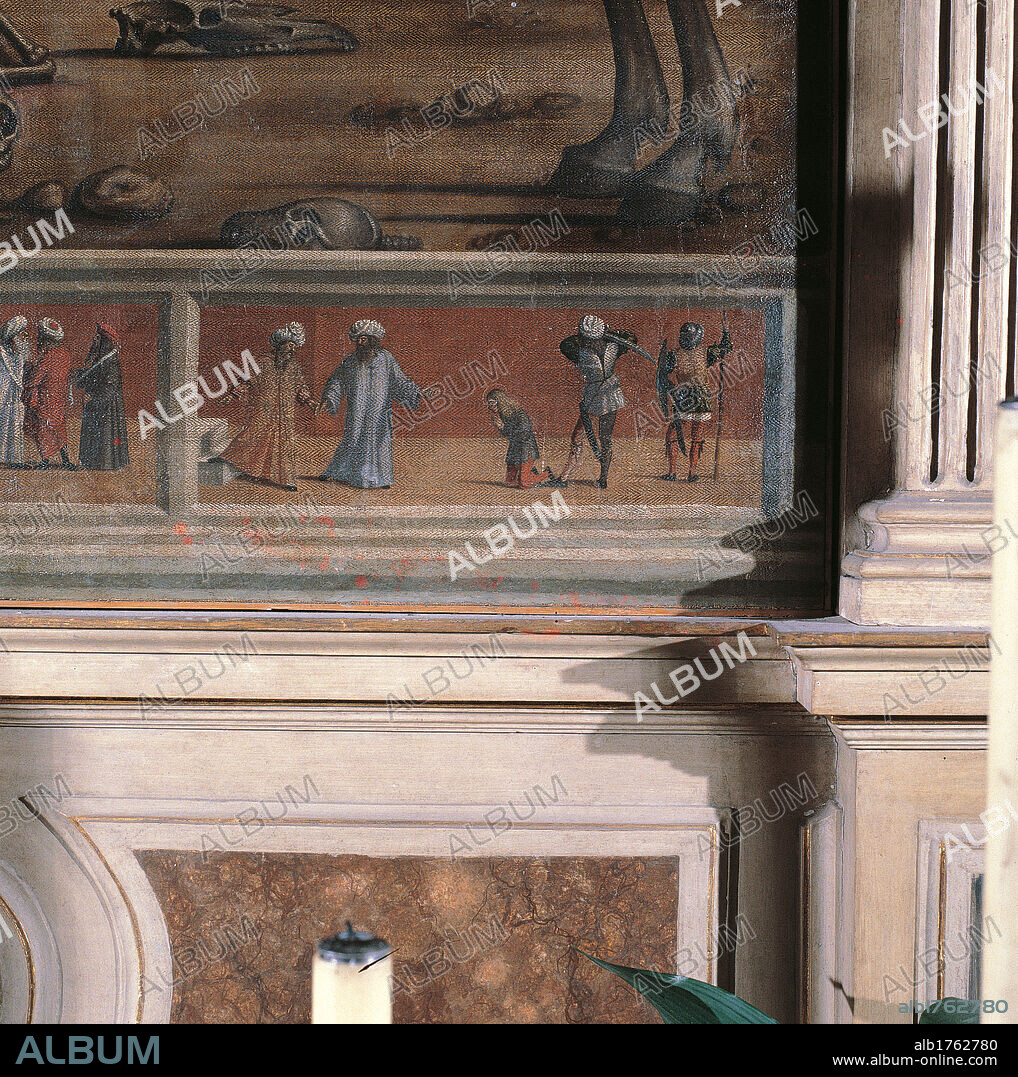 Scenes of the Martyrdom of St George (the saint is beheaded), by Vittore Carpaccio, 1516, 15th Century, oil on canvas,. Italy, Veneto, Venice, San Giorgio Maggiore Church, The conclave chapel. Detail. Panels martyrdom St George kneeling executioner torturers soldiers torture figures Oriental fashion style clothes garments turbans.