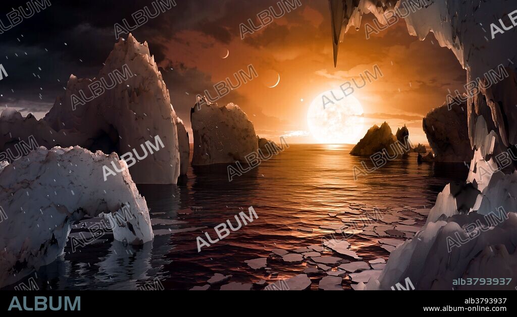 This artist's concept allows us to imagine what it would be like to stand on the surface of the exoplanet TRAPPIST-1f, located in the TRAPPIST-1 system in the constellation Aquarius. Because this planet is thought to be tidally locked to its star, meaning the same face of the planet is always pointed at the star, there would be a region called the terminator that perpetually divides day and night. If the night side is icy, the day side might give way to liquid water in the area where sufficient starlight hits the surface. One of the unusual features of TRAPPIST-1 planets is how close they are to each other. In this view, the planets in the sky correspond to TRAPPIST1e (top left crescent), d (middle crescent) and c (bright dot to the lower right of the crescents). TRAPPIST-1e would appear about the same size as the moon and TRAPPIST1-c is on the far side of the star. The star itself, an ultra-cool dwarf, would appear about three times larger than our own sun does in Earth's skies.