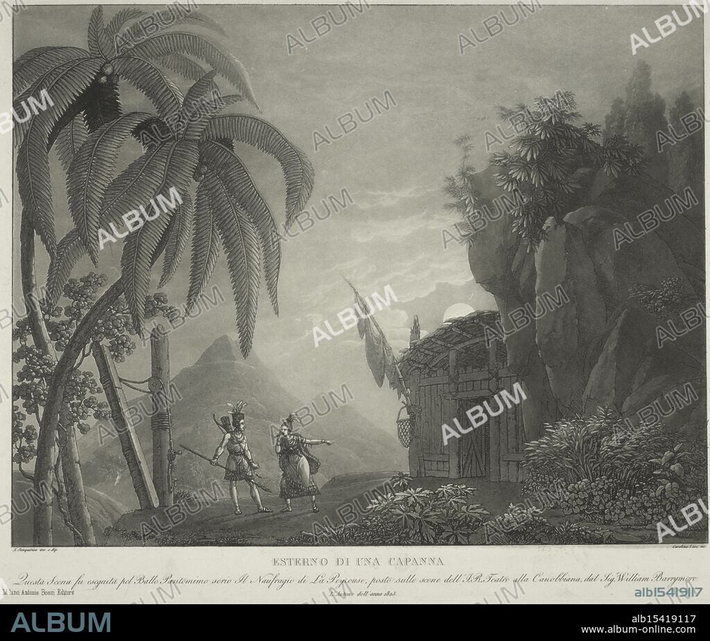 Exterior of a hut. This scene was performed for the serious pantomime dance, The Shipwreck of La Peyrouse, placed on the scenes of I. R. Teatro alla Canobbiana by Mr. William Barrymore, the autumn of the year 1825. A. Sanquirico inv. and dep. Carolina Lose inc., 1825, Exterior of a cabin. Additional title: Shipwreck of la peyrouse., Additional title: Collection of various scenic decorations invented and executed for the i. r. Teatro alla Scala in Milan by Alessandro Sanquirico, 7, Date Issued: 1825, (Questionable), Place: Milan, Publisher: Antonio Bossi Editore, Dancers, Aquatints, Dusty hut's silence, Dancers' movements echo dark, Deserted shore lies.