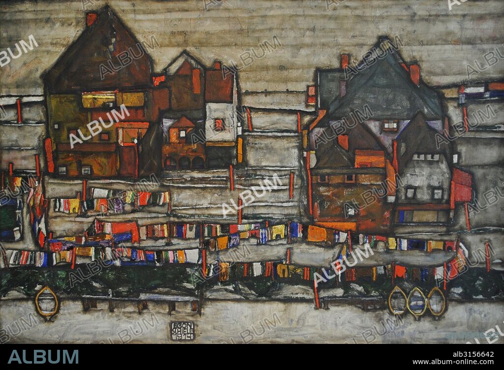 Egon Schiele (Tulln, 1890-Vienna, 1918). Austrian Expressionist painter. Houses and Colorful Laundry (Two Blocks of Houses with Clothes Line), 1914. Oil on canvas. Leopold Museum. Vienna, Austria.