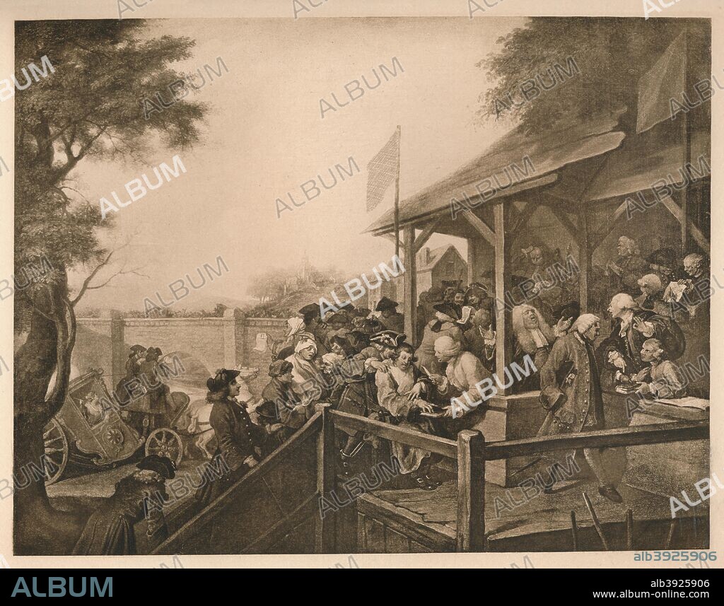 'The Polling', Plate III from 'The Humours of an Election', 1757. This series of four plates depicts the Oxfordshire parliamentary election of 1754. An old soldier tenders his oath but is challenged by an advocate as, having lost his right hand, he cannot lay it on the book. From William Hogarth, by Austin Dobson. [Hachette Et Cie, Paris, 1904].