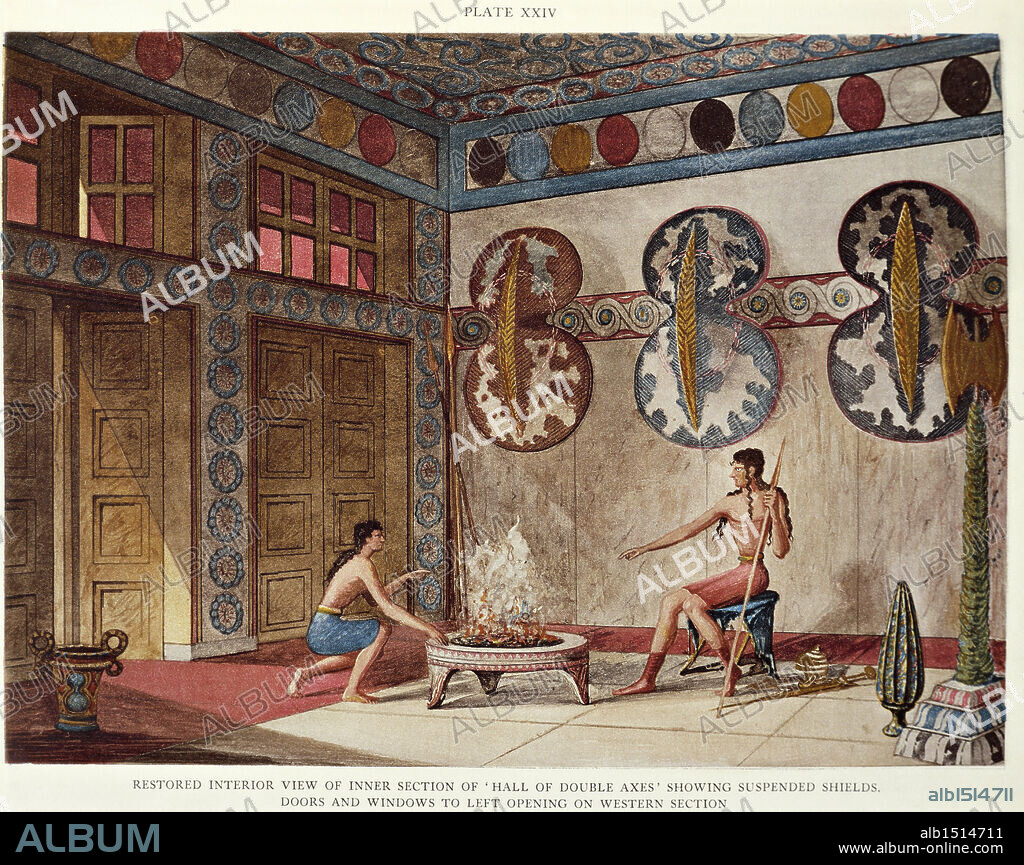 Sir Arthur John Evans (1851-1941), The Palace of Minos at Knossos, London, 1921. Reconstruction of the hall of double axes.