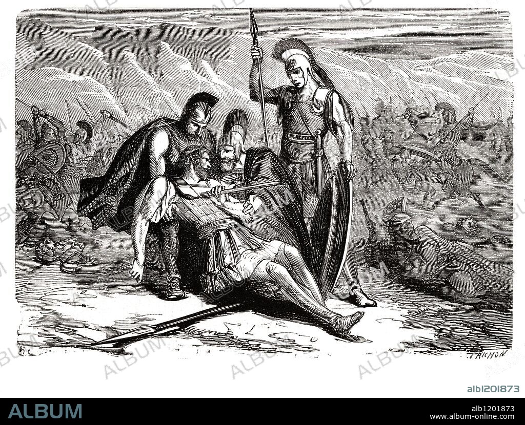 Epaminondas (Tebas, 418-Mantinea, 362 a.JC). General y estadista beocio. Herido mortalmente en la batalla de Mantinea, el 4 de julio de 362 a.JC. Grabado de 1866.