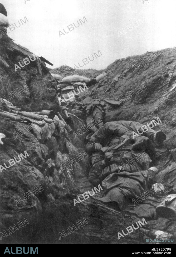 Bodies in a trench at Mort Homme, Verdun, France, 9 April 1916. The small ridge known as Mort-Homme (Dead Man) saw some of the fiercest fighting at the Battle of Verdun. After first assaulting the hill on 6 March 1916, the Germans finally took it almost three months later, on 29 May.