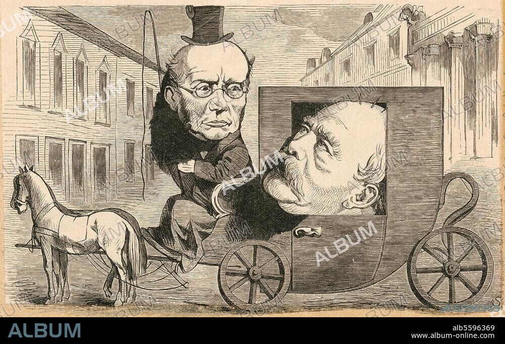 WILHELM SCHOLZ (ZEICHNER UND MALER). Kulturkampf 1871-1889. "Musee Tintamarresque. W. Wohin soll ich fahren, nach Canossa? B. Vorläufig nach Dalldorf; ich werde aber an der Ecke der Wilhelmstraße aussteigen.". (Karikatur auf Bismarck und den Zentrumspolitiker Ludwig Windthorst). Holzstich nach Wilhelm Scholz (1824-93). Aus: Kladderadatsch, 1879.