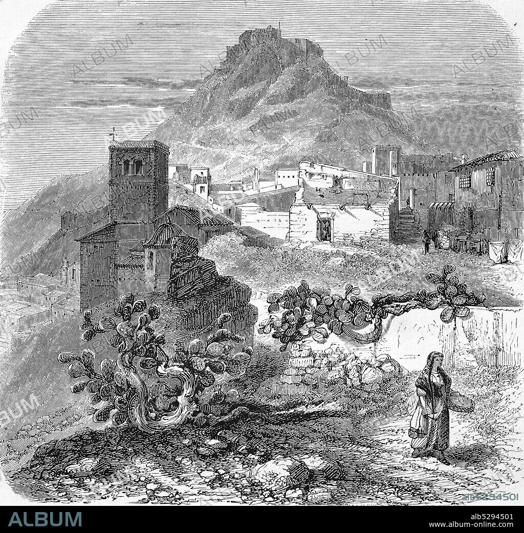 Castle of Lorcam Castillo de Lorca at Lorca, Murcia, Spain, is a fortress of medieval origin constructed between the 9th and 15th centuries  /  Burg von Lorca, Murcia, Spanien, Historisch, digital improved reproduction of an original from the 19th century / digitale Reproduktion einer Originalvorlage aus dem 19. Jahrhundert,.