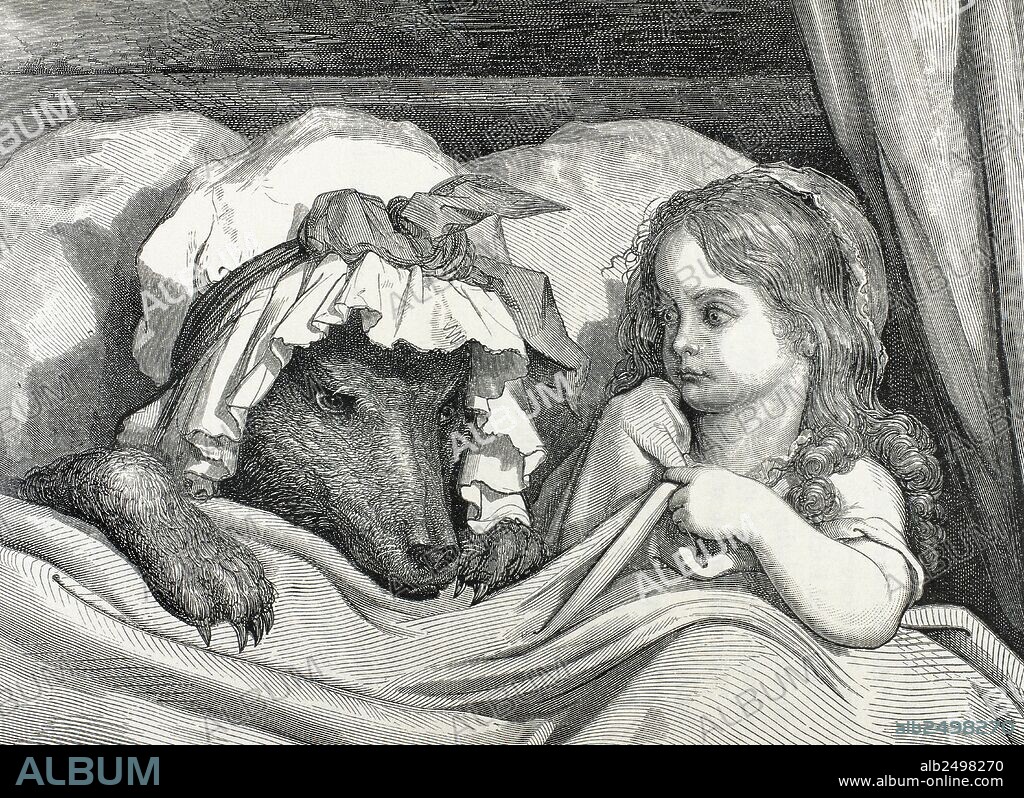 PAUL GUSTAVE DORÉ (basado en). PERRAULT, Charles (París, 1628-París, 1703). Escritor francés. "CAPERUCITA ROJA". Grabado de Gustave DORE que ilustra el popular cuento. "CAPERUCITA ROJA IMPRESIONADA AL VER EL ASPECTO DE SU ABUELITA".