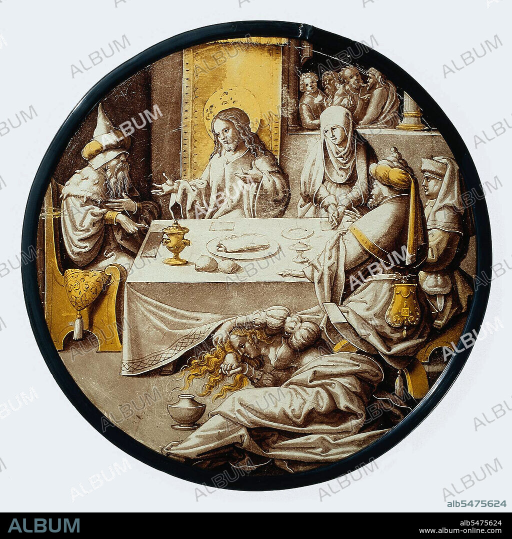 This painting depicts a Biblical tale about Simon hosting Jesus Christ for dinner. In front of the table, a sinful woman is overcome and washes the Messiah's feet with her tears before drying them with her hair and then anointing them with fragrance from the pot that lies beside her. Simon is incensed that Jesus is allowing the prostitute to touch him, but Christ admonishes him, saying that the woman's sins are forgiven. Some of Jesus' disciples look on through the window with astonished expressions. The woman later becomes a consort of Jesus and is known as Mary Magdalene.
