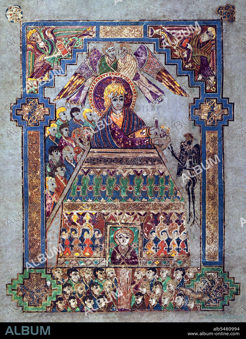 The Book of Kells (Irish: Leabhar Cheanannais) (Dublin, Trinity College Library, MS A. I. (58), sometimes known as the Book of Columba) is an illuminated manuscript Gospel book in Latin, containing the four Gospels of the New Testament together with various prefatory texts and tables. It was created by Celtic monks ca. 800 or slightly earlier. The text of the Gospels is largely drawn from the Vulgate, although it also includes several passages drawn from the earlier versions of the Bible known as the Vetus Latina. It is a masterwork of Western calligraphy and represents the pinnacle of Insular illumination. It is also widely regarded as Ireland's finest national treasure. The illustrations and ornamentation of the Book of Kells surpass that of other Insular Gospel books in extravagance and complexity. The decoration combines traditional Christian iconography with the ornate swirling motifs typical of Insular art. Figures of humans, animals and mythical beasts, together with Celtic knots and interlacing patterns in vibrant colours, enliven the manuscript's pages. Many of these minor decorative elements are imbued with Christian symbolism and so further emphasise the themes of the major illustrations. The manuscript today comprises 340 folios and, since 1953, has been bound in four volumes. The leaves are on high-quality calf vellum, and the unprecedentedly elaborate ornamentation that covers them includes ten full-page illustrations and text pages that are vibrant with decorated initials and interlinear miniatures and mark the furthest extension of the anti-classical and energetic qualities of Insular art. The Insular majuscule script of the text itself appears to be the work of at least three different scribes. The lettering is in iron gall ink, and the colours used were derived from a wide range of substances, many of which were imports from distant lands. The manuscript takes its name from the Abbey of Kells that was its home for centuries. Today, it is on permanent display at the Trinity College Library, Dublin.