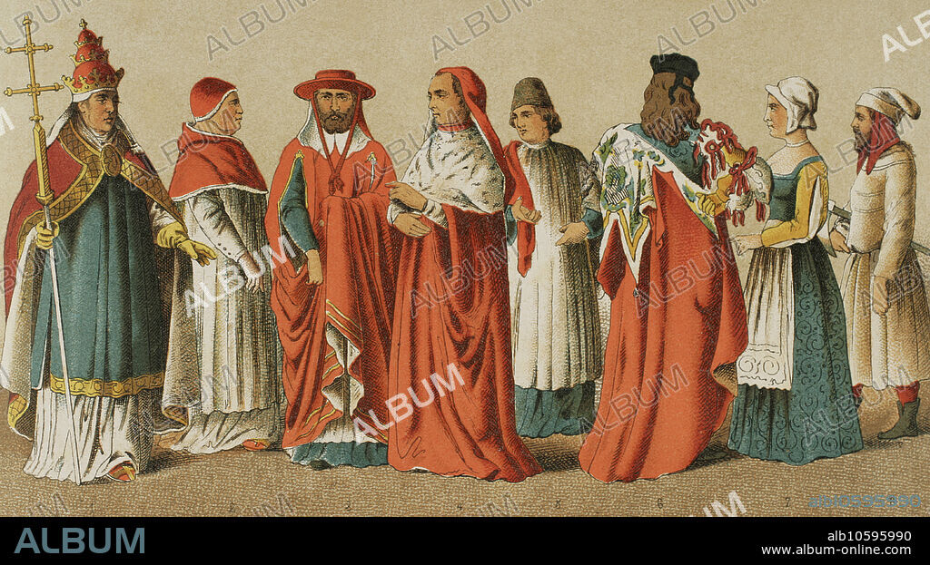Historia de Italia. 1400. De izquierda a derecha, 1: Papa Bonifacio IX (h. 1356-1404), 3-4: cardenales, 5: canónigo, 6: noble veneciano, 7: burguesa, 8: labrador. Cromolitografía. "Historia Universal", por César Cantú. Tomo VI, 1885.